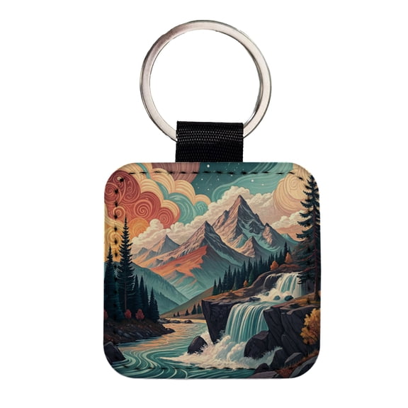 Abstract Mountains Waterfalls Landscape Faux Leather Square Keychain