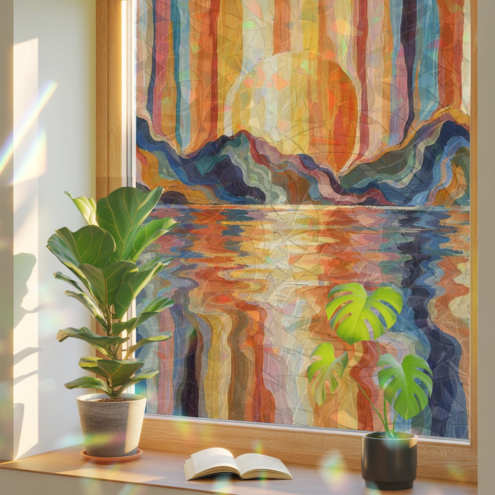 Window Reflecting Stickers Abstract Mountains Window Privacy Film, Boho Sunset Water Reflection ...
