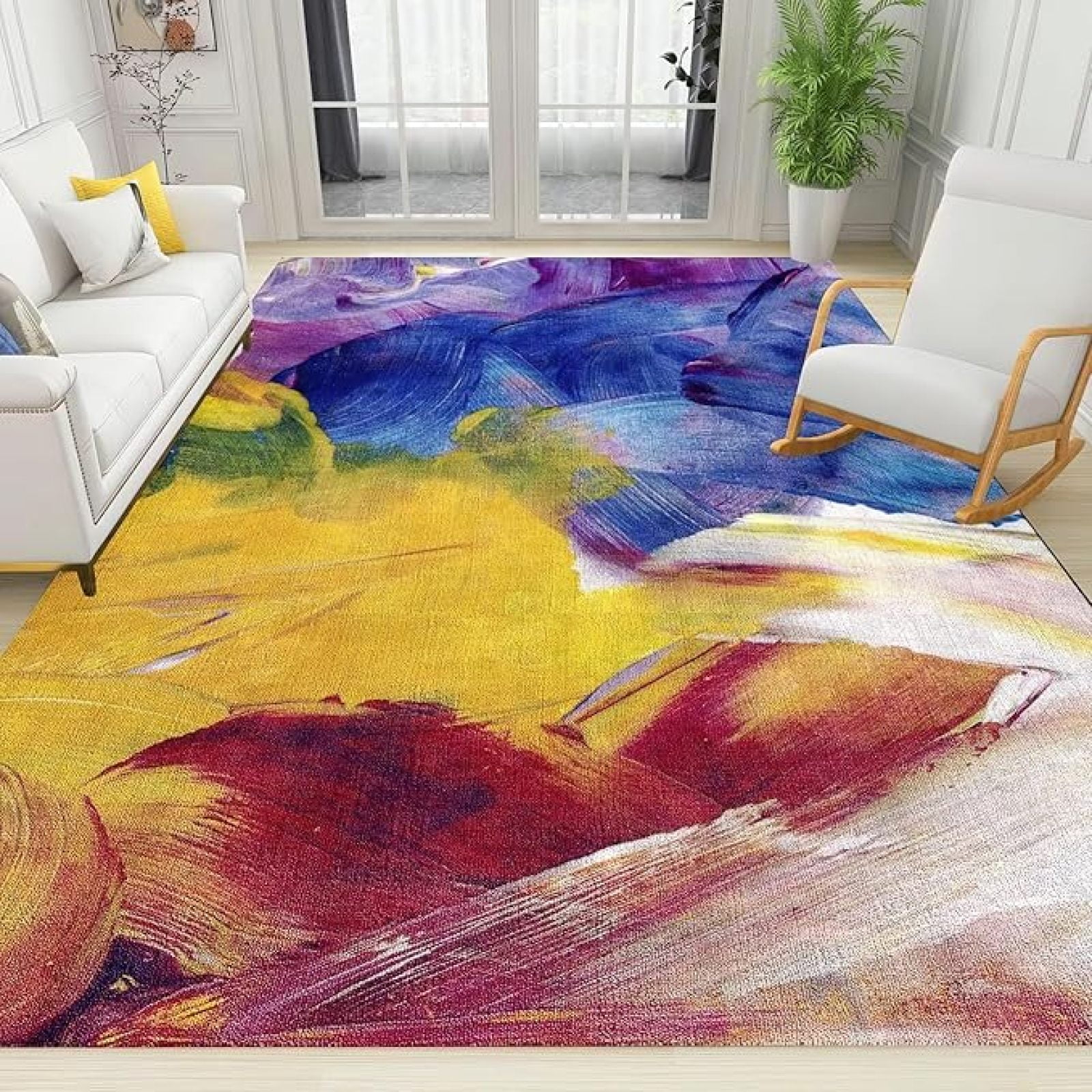 Abstract Multi Colorful Art Area Rug, Blue Yellow Graffiti Non Slip ...
