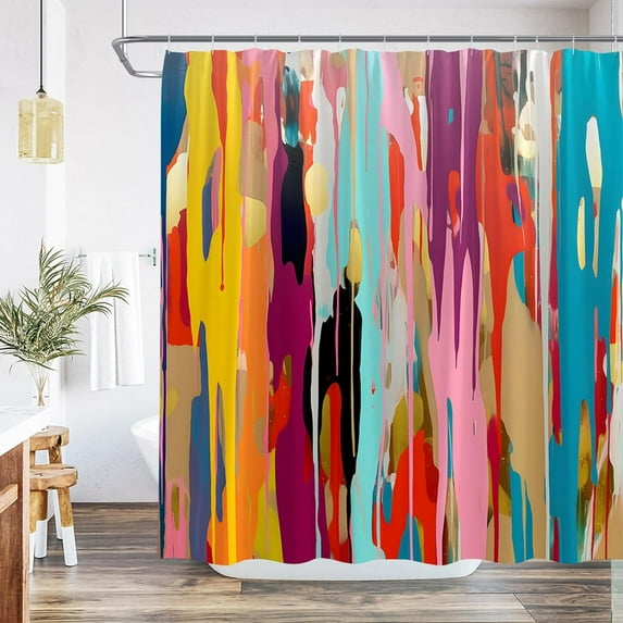 Abstract Multicolor Shower Curtain Rainbow Colorful Geometric Color Art Striped Bathroom Polyester Curtains Set Home Bathtub Decor with Hooks 36Wx70H Inch