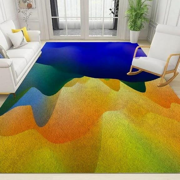 Abstract Multicolor Watercolor Area Rug Large Gradient Orange Blue Waves Soft Washable Living Room Bedroom Rug Non Slip Kid Pet Friendly Indoor Carpet For Dining Room Home 3 x 4ft