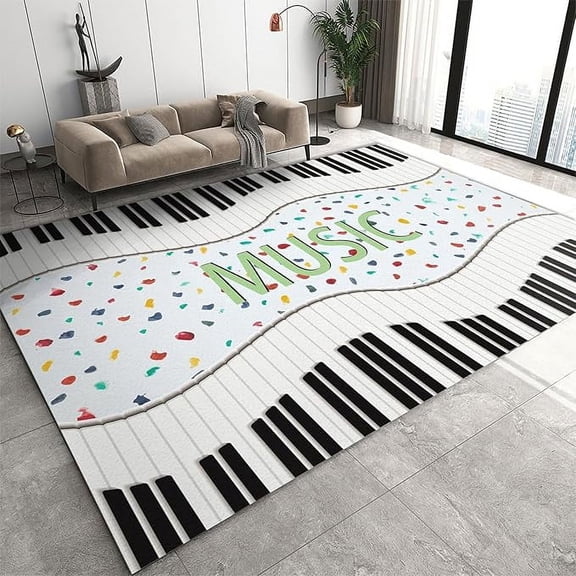 Abstract Music Area Rugs, Black And White Piano Keys Indoor Throw Rug, Non Slip Easy Clean Washable Floor Mat For Living Room Bedroom Entryway Hallway Office Playroom Kitchen 5 x 8ft