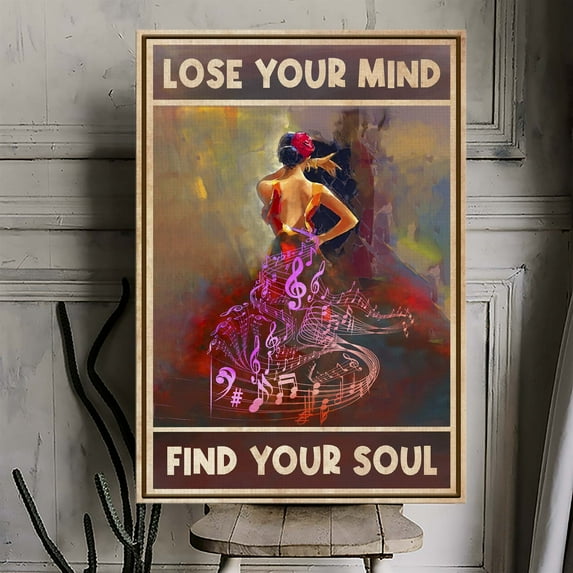 Abstract Music and Dance Canvas Wall Art – “Lose Your Mind, Find Your Soul” Quote with Musical Dress Woman, Colorful Artistic Home Décor, Ready to Hang
