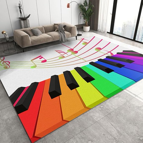 Abstract Musical Instrument Washable Area Rug, Colorful Piano Keys Music Symbols Rugs, Anti-Slip Rubber Backed Easy Clean Carpet For Living Room Bedroom Office Hallway Classroom 5 x 7ft