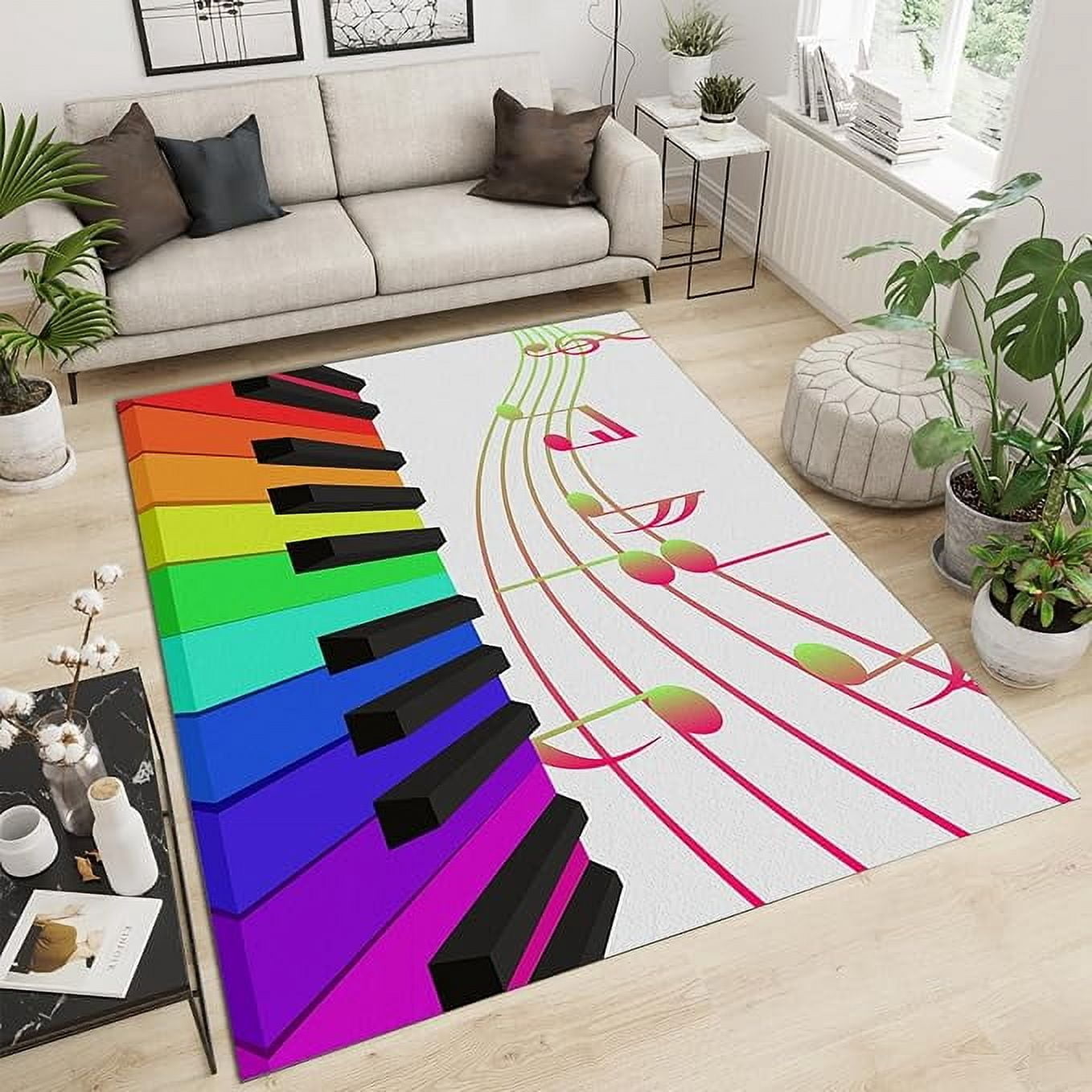 Musical Instrument Rug Abstract Musical Instrument Washable Area Rugs, Colorful Piano Keys ...