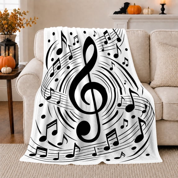 Abstract Musical Treble Clef Design Swirling Notes Upbeat, Dramatic Artistic Scene, Warm Flannel Blanket for Home Library and Reading Nook, Art Lovers Thanksgiving Gift, Artistic Home Decor
