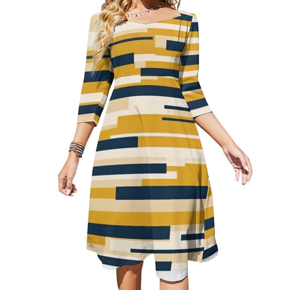 Abstract Mustard Navy Stripes Art Sweetheart Knot Flared Dress Fashion Design Large Size Loose Dress Spring Summer Women Dress