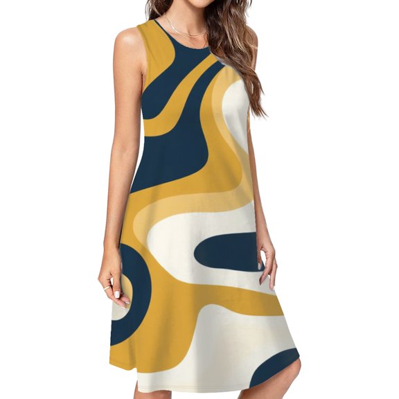Abstract Mustard Navy Swirls Art Casual Sleeveless Loose Sundress Dress For Women Summer Dress Daily Woman