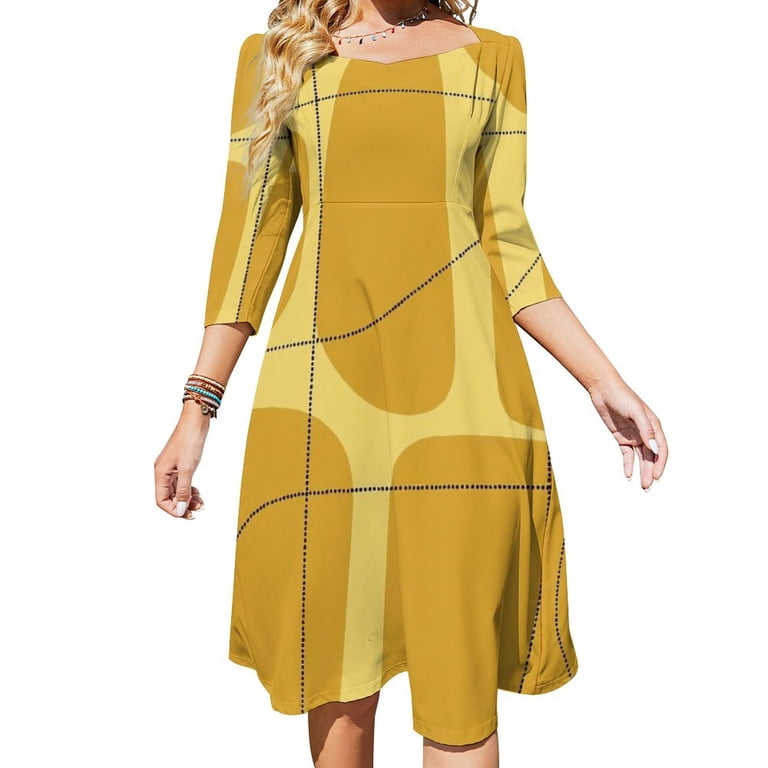 Abstract Mustard Yellow Design Lines Flare Dress Square Neck Dress Elegant  Female Fashion Printed Dress - Walmart.com