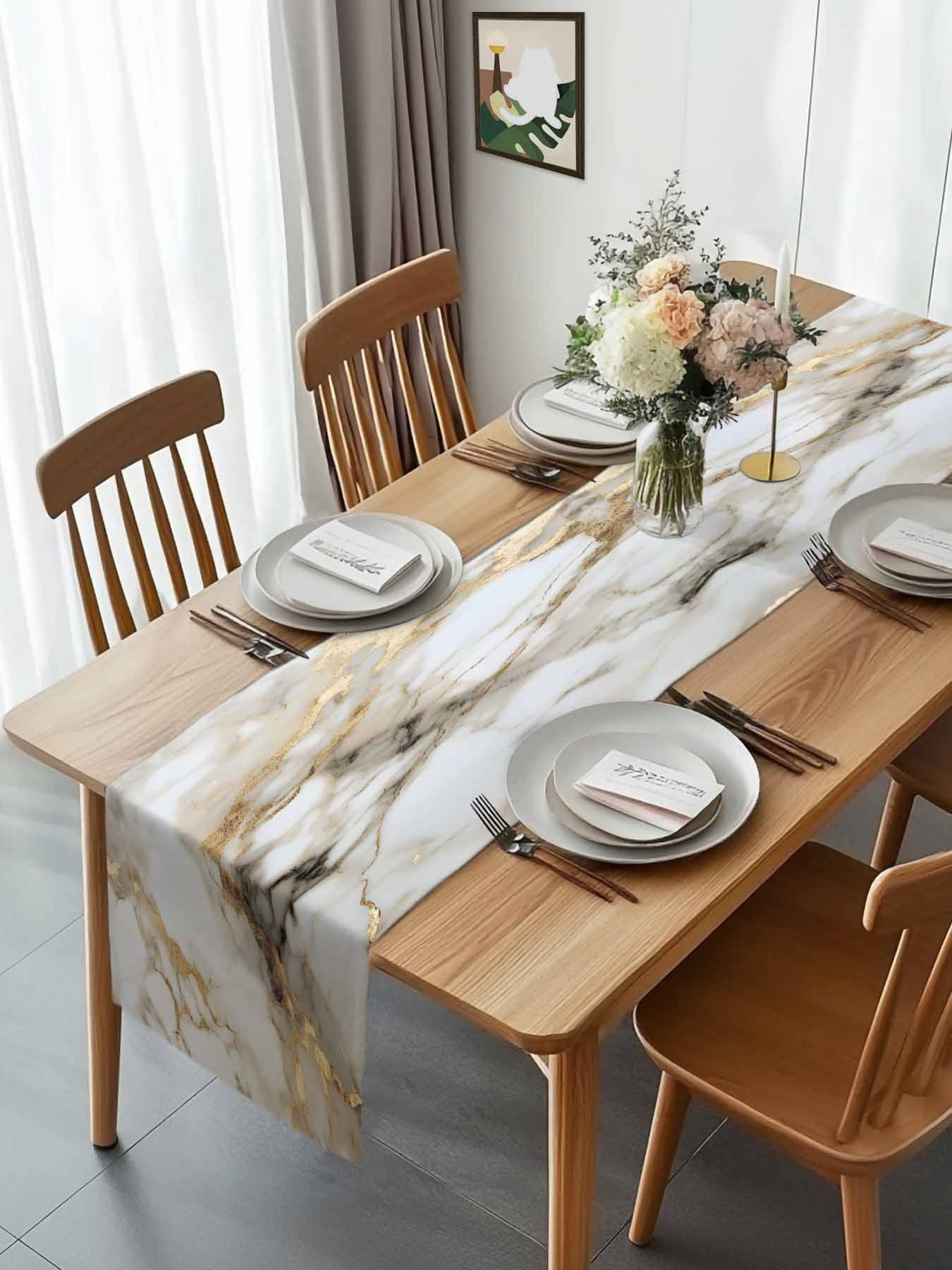 Abstract Natural Art Marble Pattern Table Runner 90 Inches Long, Stone Texture Gpld Stripe Table Runners Tabletop Scarf Kitchen Dining Tables Decoration for Home Party Indoor Outdoor