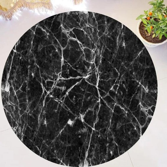 Abstract Natural Black Marble with Gold Texture Round Carpet Living Room Area Rug Printed Carpets Anti-Slip Mat Entrance Doormat
