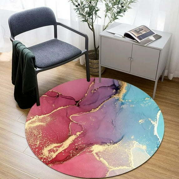 Abstract Natural Black Marble with Gold Texture Round Carpet Living Room Area Rug Printed Carpets Anti-Slip Mat Entrance Doormat