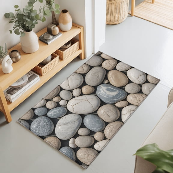 Abstract Natural Grey Cobblestone Rectangle Area Rug 2x3ft,Living Room Rug Non-Slip Washable Circle Rugs Pad,Modern Grey Pebble Stone Soft Floor Carpet for Bedroom Dining Room
