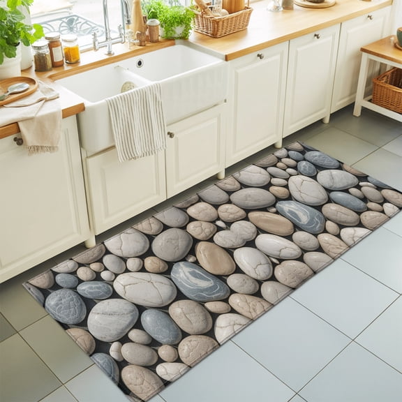 Abstract Natural Grey Cobblestone Rectangle Area Rug 2x6ft,Living Room Rug Non-Slip Washable Circle Rugs Pad,Modern Grey Pebble Stone Soft Floor Carpet for Bedroom Dining Room