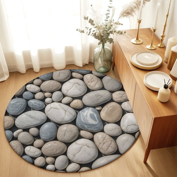 Abstract Natural Grey Cobblestone Round Area Rug 3ft,Living Room Rug Non-Slip Washable Circle Rugs Pad,Modern Grey Pebble Stone Soft Floor Carpet for Bedroom Dining Room