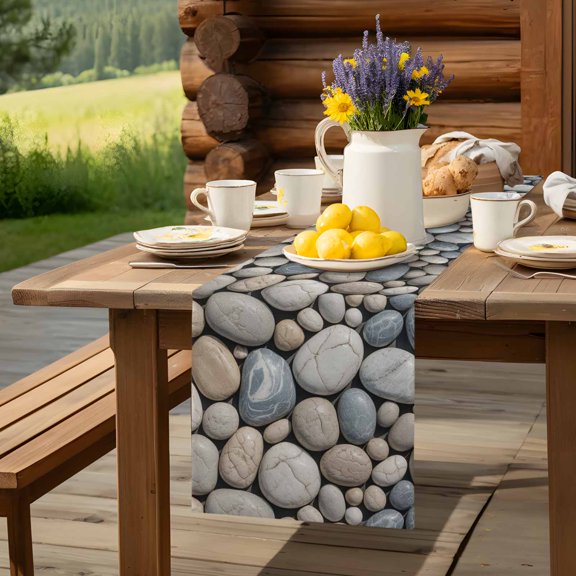 Abstract Natural Grey Cobblestone Table Runner 13x36in Non-Slip Cotton Linen Table Runners, Modern Grey Pebble Stone Dresser Scarves TableRunner for Dinner Kitchen Dining Wedding Party