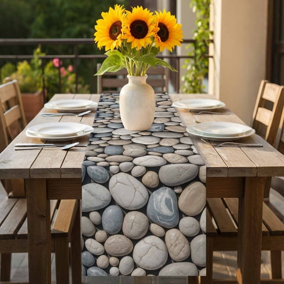 Abstract Natural Grey Cobblestone Table Runner 36 Inches Long,Kitchen Dining Tablerunners Modern Grey Pebble Stone Linen Table Runners Dresser Scarves for Home Dinner Wedding Holiday Party Decor