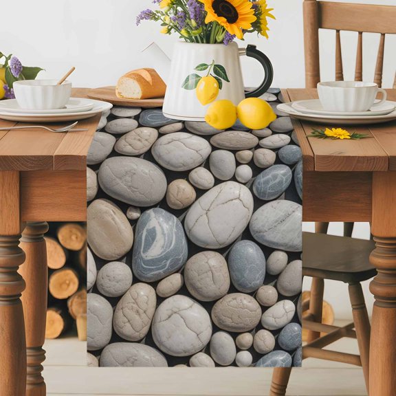 Abstract Natural Grey Cobblestone Table Runner 72 Inches Long, Modern Grey Pebble Stone Table Runners Tabletop Scarf Kitchen Dining Tables Decoration for Home Party Indoor Outdoor
