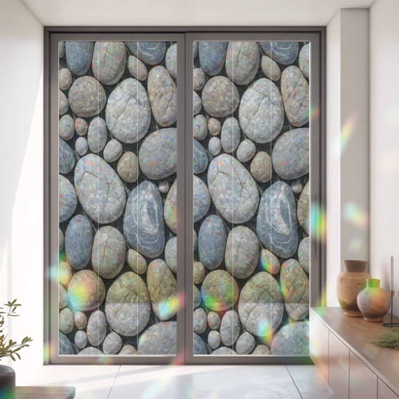 Abstract Natural Grey Cobblestone Window Privacy Film, Rainbow Film Decorative Window Sticker 35.4x78.7in, Modern Grey Pebble Stone Sun Blocking Static Stained Glass Cling Tint Non-Adhesive