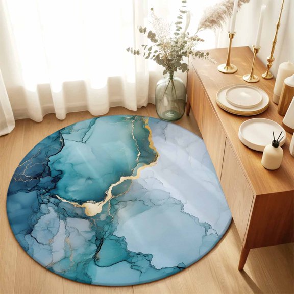 Abstract Natural Teal Marble Rock Round Area Rug 3ft,Living Room Rug Non-Slip Washable Circle Rugs Pad,Watercolor Gradient Stone Soft Floor Carpet for Bedroom Dining Room