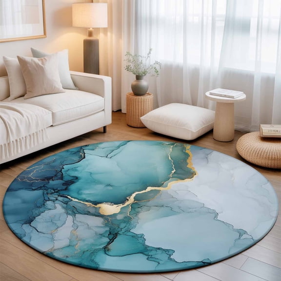 Abstract Natural Teal Marble Rock Round Rug 5ft Watercolor Gradient Stone Washable Area Rugs for Living Room Bedroom Entryway Non Slip Entrance Door Mat Indoor Floor Carpet