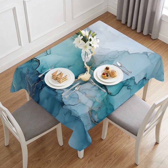 Abstract Natural Teal Marble Rock Table Cloth 60x84in, Waterproof Rectangle Tablecloth Wipeable Tablecloths Watercolor Gradient Stone Table Covers for Dining Tables Party Indoor Outdoor
