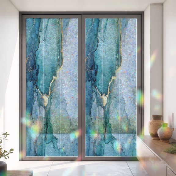 Abstract Natural Teal Marble Rock Window Privacy Film, Rainbow Film Decorative Window Sticker 35.4x78.7in, Watercolor Gradient Stone Sun Blocking Static Stained Glass Cling Tint Non-Adhesive