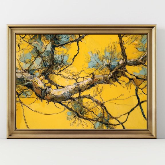 Abstract Nature Art Yellow Botanical Wall Art Modern Tree Branch Contemporary Home Decor, UNFRAMED Size 16x16