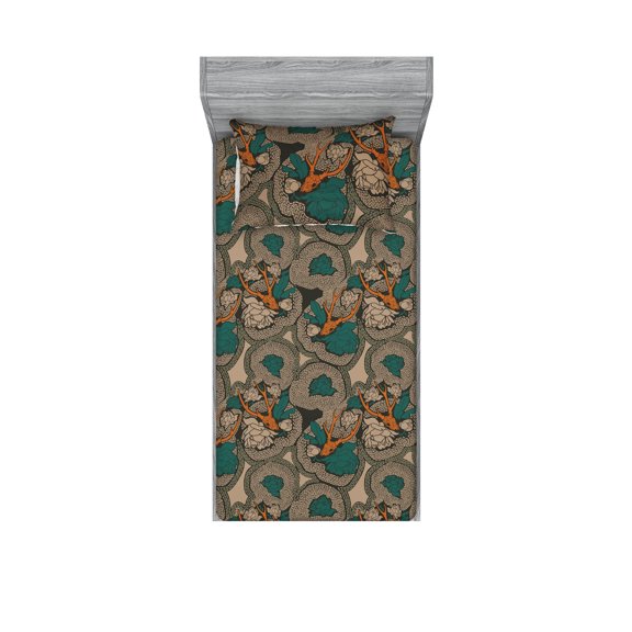 Abstract Nature Fitted Sheet & Pillow Sham Set, Wild West Vibes Deer Skull Pattern with Boho Floral Motifs, Decorative Printed 2 Piece Bedding Decor, Twin, Pale Vermilion Warm Taupe, by Ambesonne