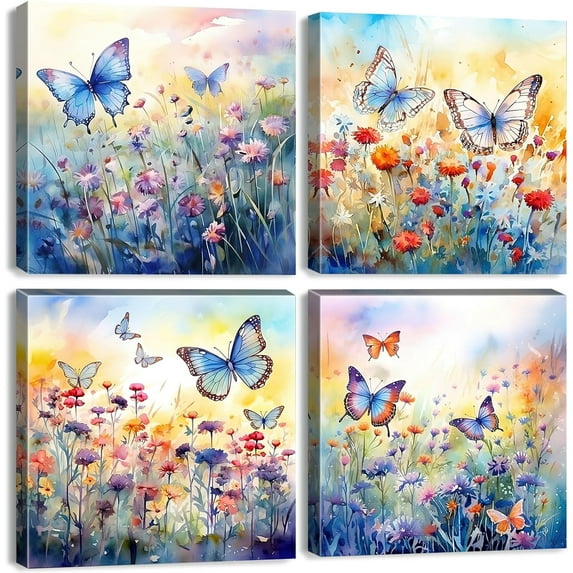 Abstract Nature Flower Picture Wall Decor Butterfly Canvas Wall Art Colorful Wildflower Scenery Watercolor Daisy Posters Poppy Paintings Prints Artwork for Living Room Bedroom 12x12 4 Pcs