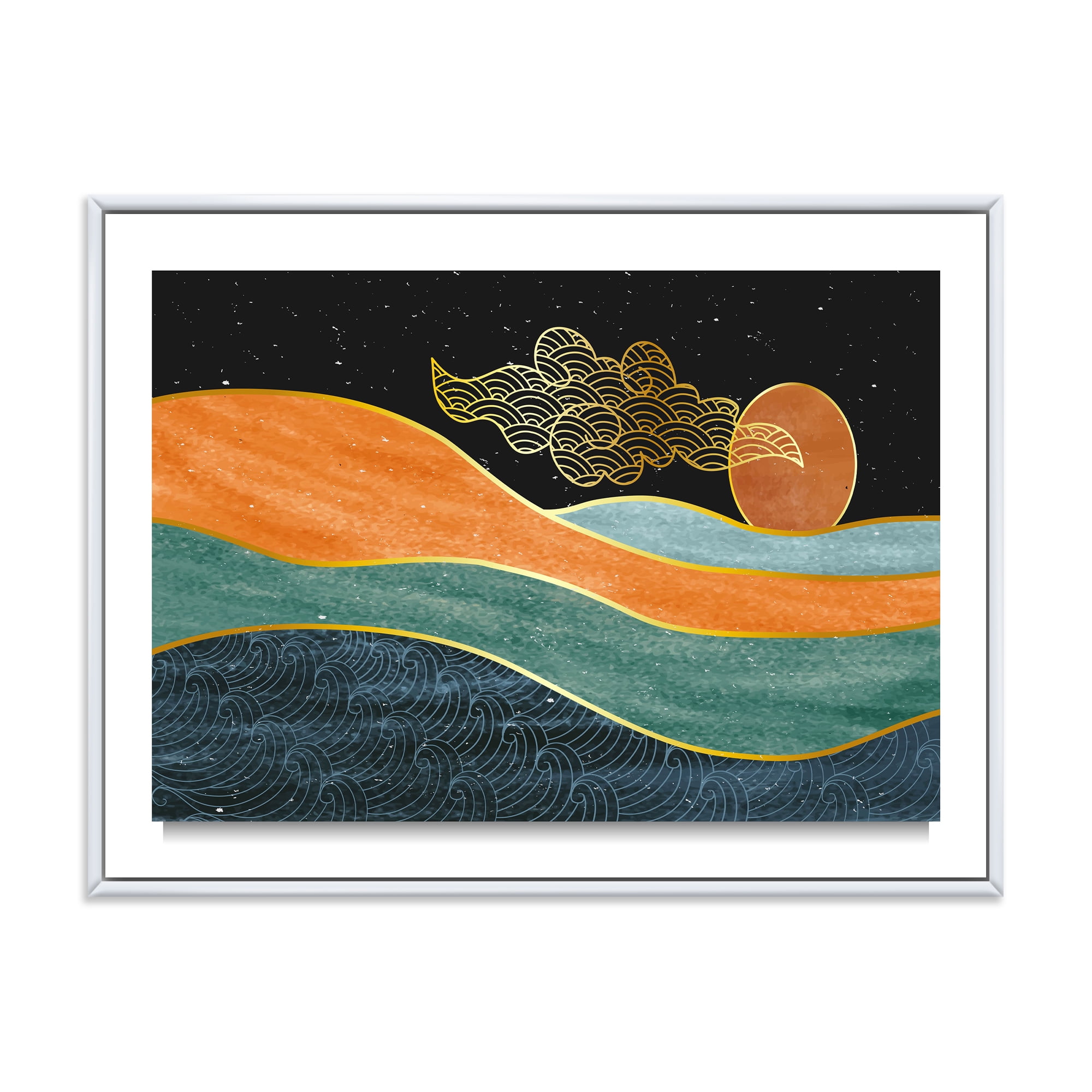 Abstract Nature Sea Sun Sky Mountain Landscape 32 in x 16 in Framed Painting Canvas Art Print, by Designart