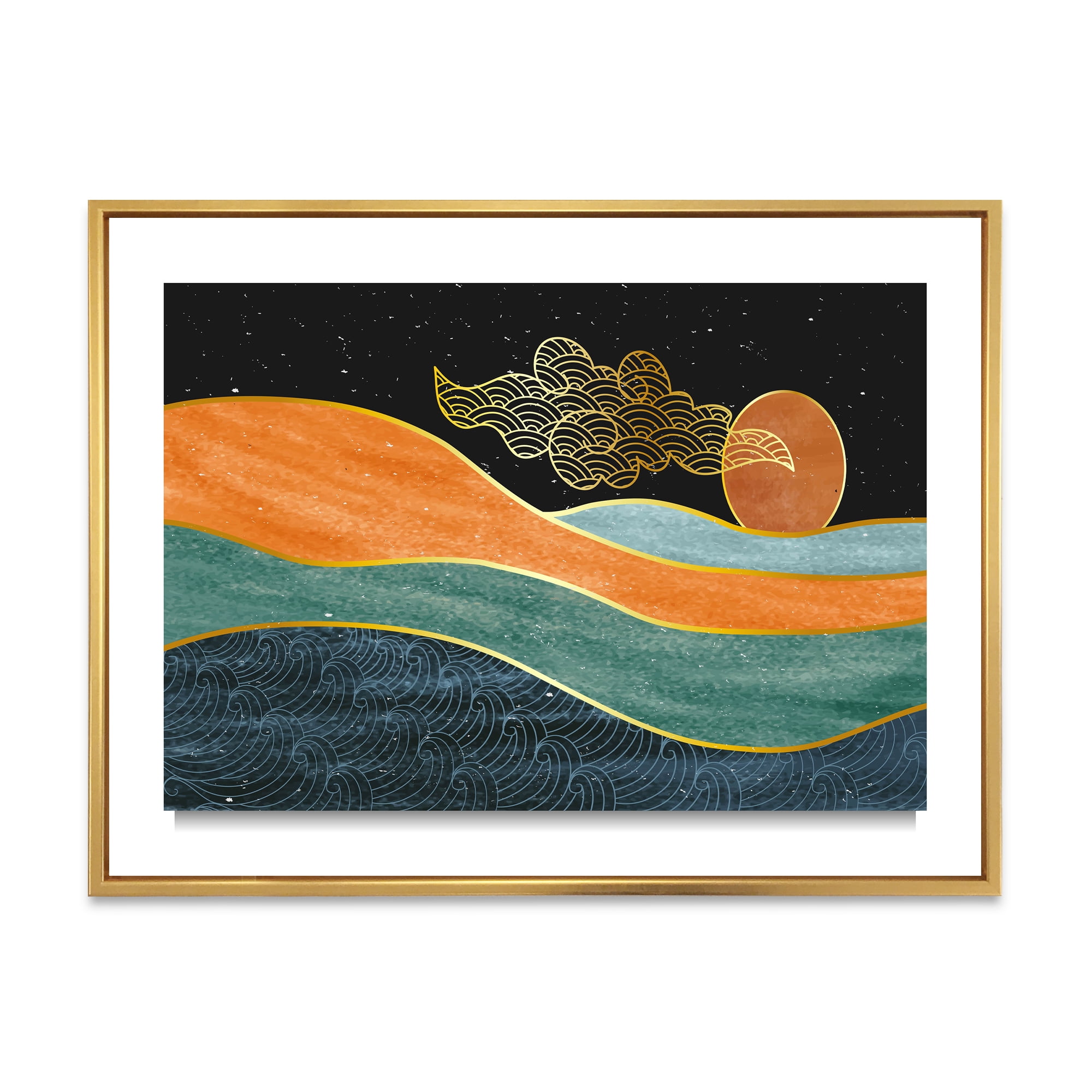 Abstract Nature Sea Sun Sky Mountain Landscape 40 in x 30 in Framed Painting Canvas Art Print, by Designart