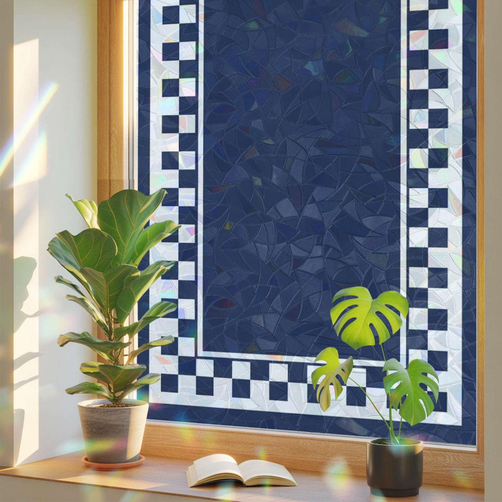 Abstract Navy Blue Check Window Privacy Film, Rainbow Film Decorative ...