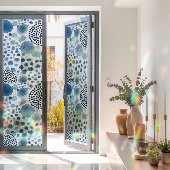 Abstract Navy Blue Circles Window Privacy Film, Rainbow Film Decorative Window Sticker 23.6x78.7in, Geometric round Art Sun Blocking Static Stained Glass Cling Tint Non-Adhesive