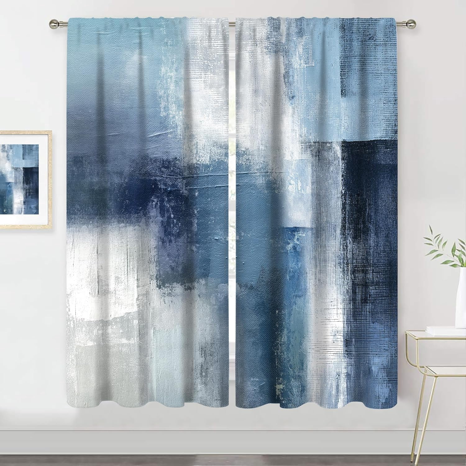 Abstract Navy Blue Curtains 42W x 63H Inch Rod Pocket Grey Art Painting Modern Contemporary Watercolor Cool Oil Print Living Room Bedroom Window Drapes Fabric 2 Panel