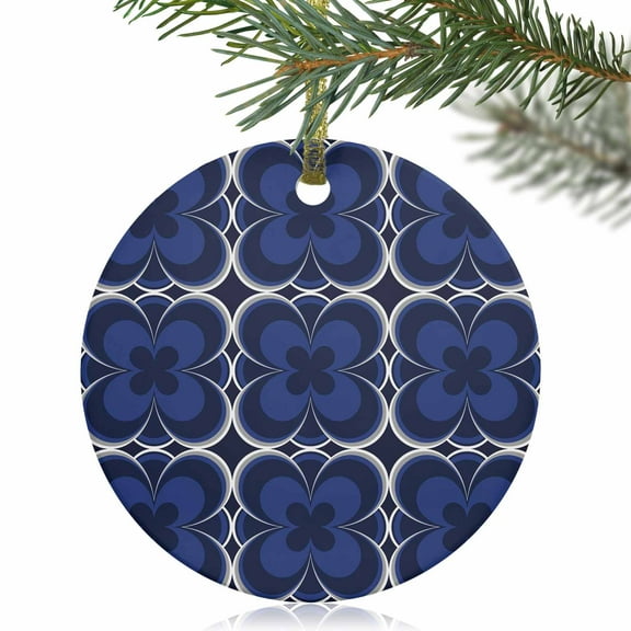 Abstract Navy Blue Four Leaf Clovers Christmas Ceramic Ornament 2025,3" Round Xmas Tree Hanging Accessories with Gold Ribbon,Flower Texture Pendant Ornaments for Holiday Gift Home Party Decor