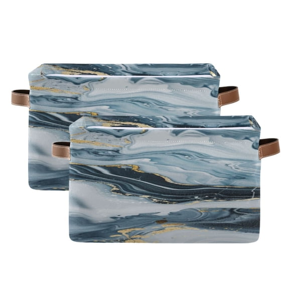 Abstract Navy Blue Marble Square Storage Bins with Handles Collapsible Containing Box 2 Packs