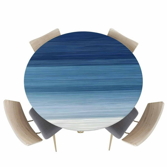 Abstract Navy Blue Ombre Stripe Art Fitted Round Tablecloths Elastic Edged Table Covers 36"-44",Modern Color Line Texture Waterproof Dining Room Kitchen Table Cloth for Holiday Party Tables Decor