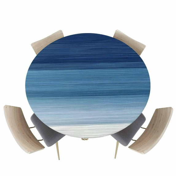 Abstract Navy Blue Ombre Stripe Art Fitted Round Tablecloths Elastic Edged Table Covers 45"-54",Modern Color Line Texture Waterproof Dining Room Kitchen Table Cloth for Holiday Party Tables Decor