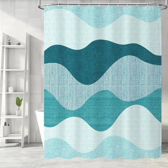 Abstract Navy Blue Shower Curtain, Modern Deep Shower Curtain for Bathroom, Simple Geometric Striped Waves Shower Curtain Set with Hooks, Neutral Blue Fabric Bathroom Decor, 84x84 Inch