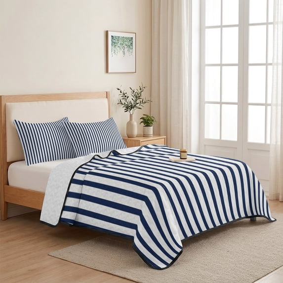 Abstract Navy Blue Stripe 3 Pieces Quilt Set,1 Quilt with 2 Shams ...