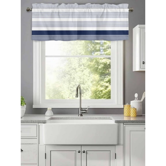 Abstract Navy Blue Stripe Line Valances for Windows,Kitchen Valance Rod Pocket Short Curtain,Classic Minimalist Lines Valance Curtain Window Valances for Bedroom Living Room 42x12in
