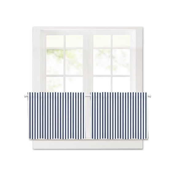 Abstract Navy Blue Stripe Short Blackout Curtains 24 Inch Long,Modern Minimalist Line Art Rod Pocket Kitchen Curtains,2 Panels Thermal Insulated Room Darkening Drapes for Bedroom,30"W x 24"L