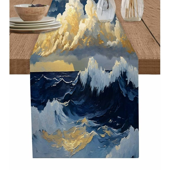 Abstract Navy Blue Table Runner-Cotton Linen- 90 Inch Holiday Dresser Scarves, Ombre White Wave Art Gold Sea Scenery Tablerunner for Kitchen Coffee/Dining Bedroom Living Room Dinner Scarf Décor 13x90