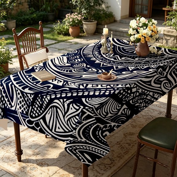 Abstract Navy Blue Tribal Geometric Print Tablecloth, Kitchen Bedroom Living Room Holiday Party Decor, Boho Ethnic Table Cover, Thanksgiving Christmas Gift