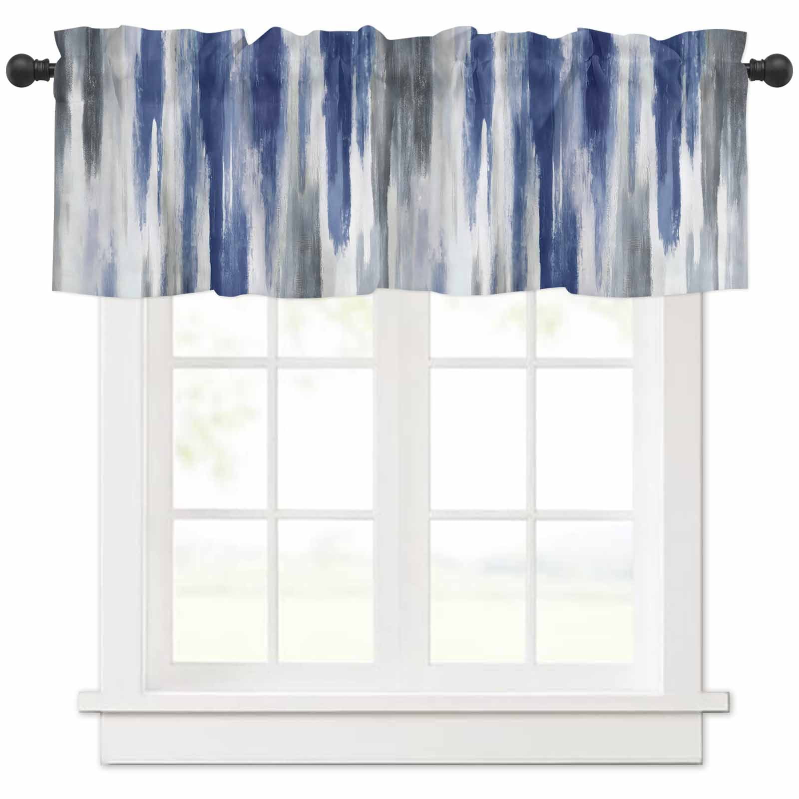 Abstract Navy Blue Valances for Windows Farmhouse Kitchen Curtains