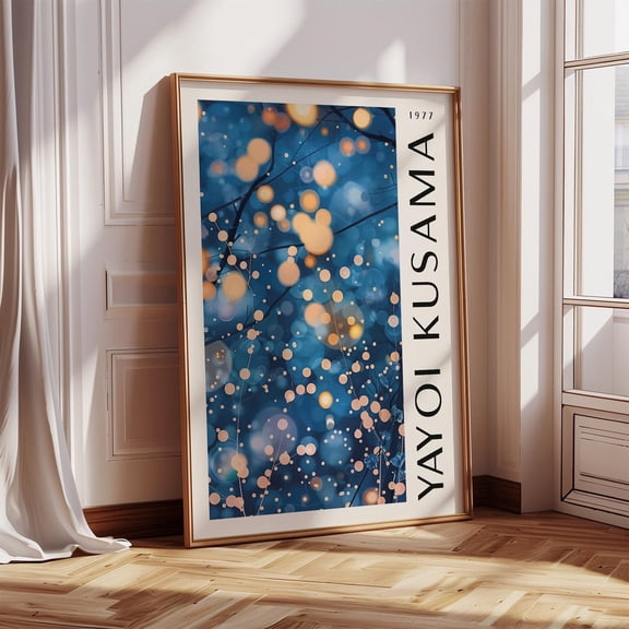 Abstract Navy Blue Wall Art Yayoi Kusama Poster Golden Orb Design Modern Decor For Studio Living Room Office Wall Art, Modern Wall Decor, 8x12 UNFRAMED