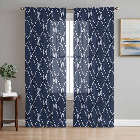 Abstract Navy Blue Waves Line Chiffon Sheer Curtains 84 Inches Long, Classic White Striped Wavy 2 Rod Pocket Window Treatment Voile Drapes Curtains for Living Room Bedroom,2 Panels, 52x84In