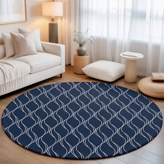 Abstract Navy Blue Waves Line Round Rug 5ft Classic White Striped Wavy Washable Area Rugs for Living Room Bedroom Entryway Non Slip Entrance Door Mat Indoor Floor Carpet
