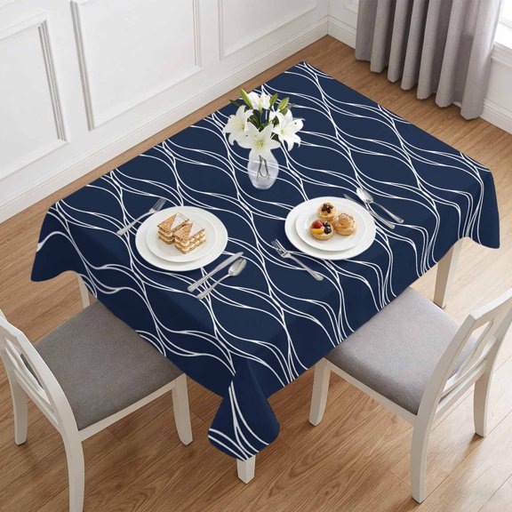 Abstract Navy Blue Waves Line Table Cloth 60x84in, Waterproof Rectangle Tablecloth Wipeable Tablecloths Classic White Striped Wavy Table Covers for Dining Tables Party Indoor Outdoor